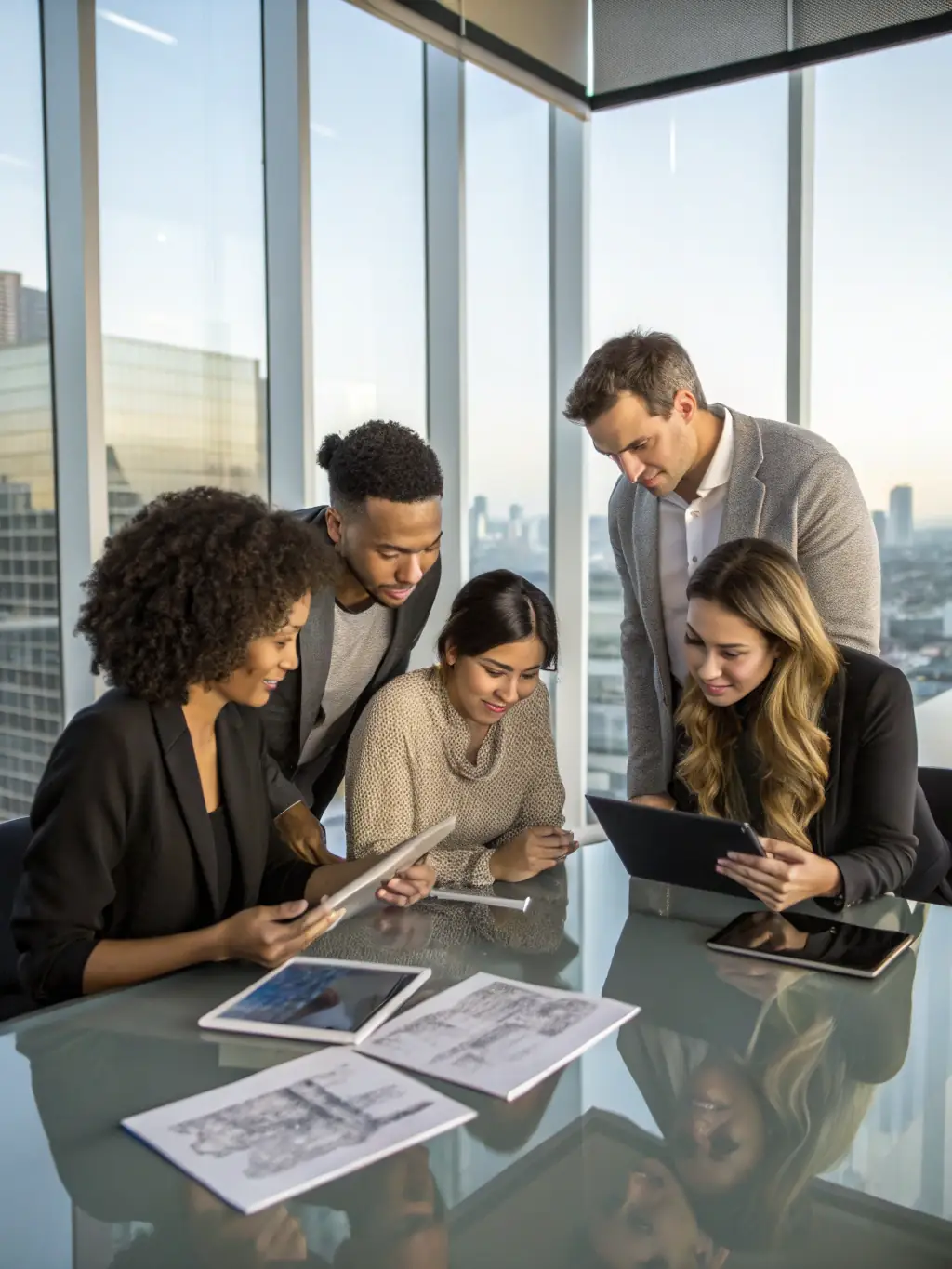 A production design team collaborating on a project, showcasing Twin City Marketing's expertise in visual storytelling and creative execution.