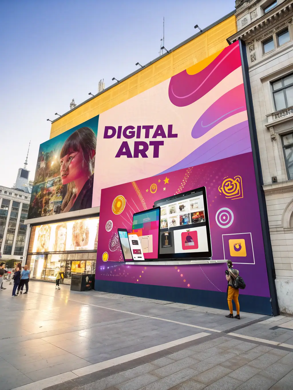 A vibrant direct mail piece alongside digital ad mockups showcasing integrated marketing efforts by Twin City Marketing.