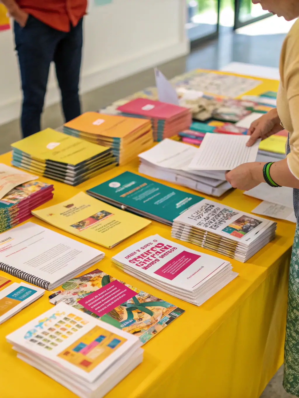 A high-quality photograph showcasing a creatively designed direct mail piece with vibrant colors and a clear call to action, placed on a wooden desk with marketing collateral around it.